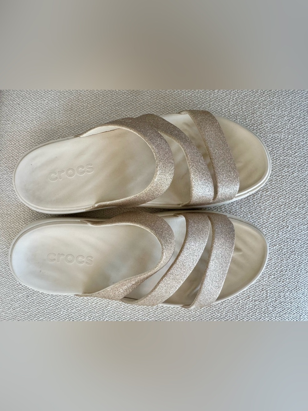 CROCS Women’s Gold Glitter Triple-Strap Slide Sandals - Picture 2 of 5